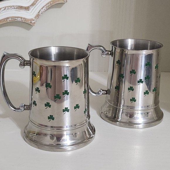 Shamrock 3 Leaf Clover Stainless Steel Set 2 Mugs Irish St Patrick's - Picture 8 of 10